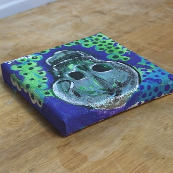 Original Acrylic Painting 4x4 Purple and Green and Silver Skull Painting - Picture 7 of 9